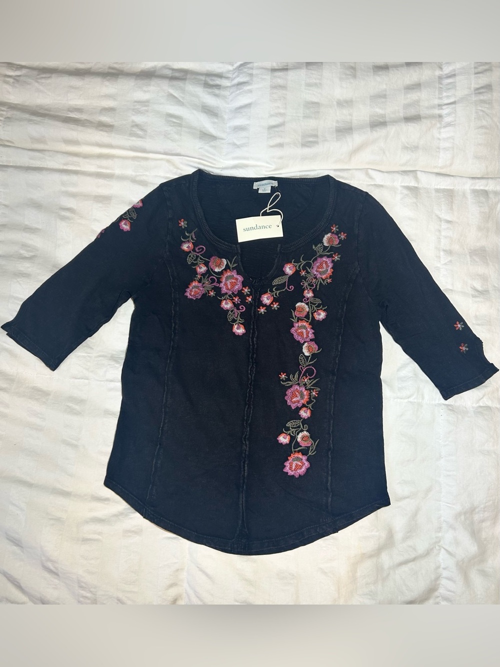 Sundance Charcoal 3/4 Sleeve Cotton Top with Pink Floral Embroidery Accents Sz S